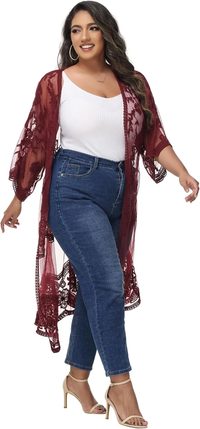 Anna-Kaci Women's Plus Size Lace Cardigan Embroidered Long Kimono Dusters with Half Sleeves