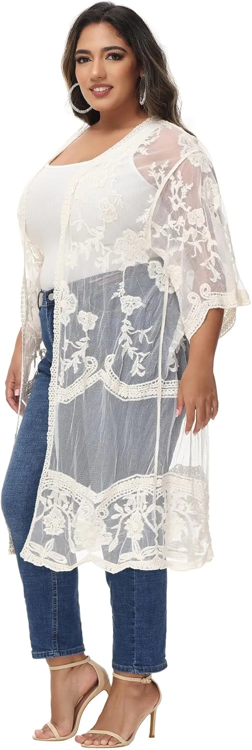 Anna-Kaci Women's Plus Size Lace Cardigan Embroidered Long Kimono Dusters with Half Sleeves