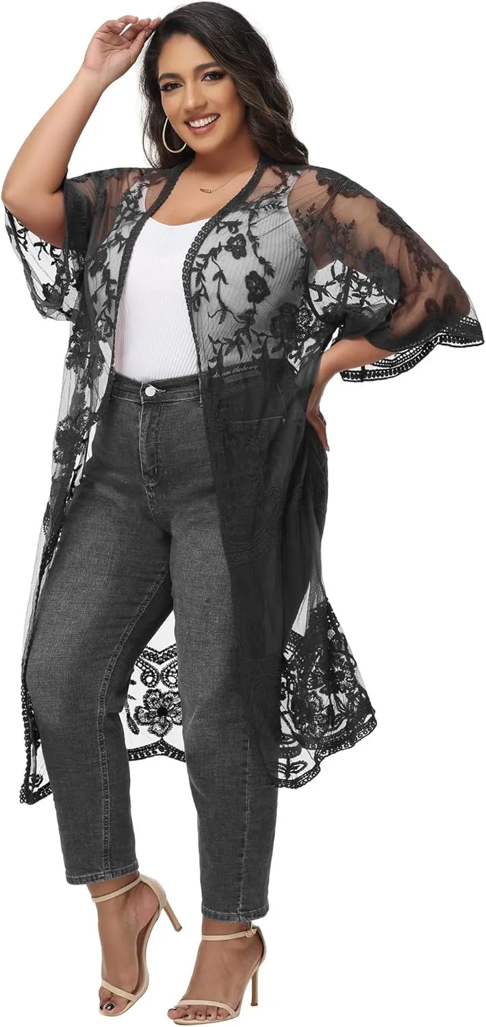 Anna-Kaci Women's Plus Size Lace Cardigan Embroidered Long Kimono Dusters with Half Sleeves