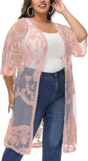 Anna-Kaci Women's Plus Size Lace Cardigan Embroidered Long Kimono Dusters with Half Sleeves