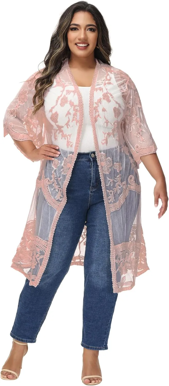 Anna-Kaci Women's Plus Size Lace Cardigan Embroidered Long Kimono Dusters with Half Sleeves