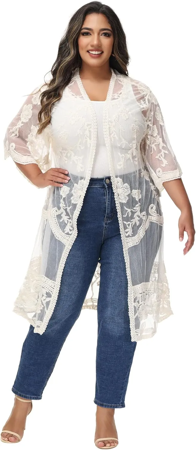 Anna-Kaci Women's Plus Size Lace Cardigan Embroidered Long Kimono Dusters with Half Sleeves