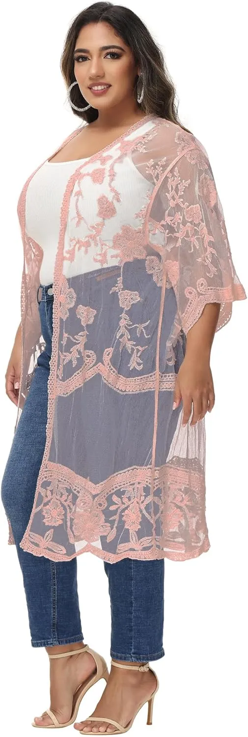Anna-Kaci Women's Plus Size Lace Cardigan Embroidered Long Kimono Dusters with Half Sleeves