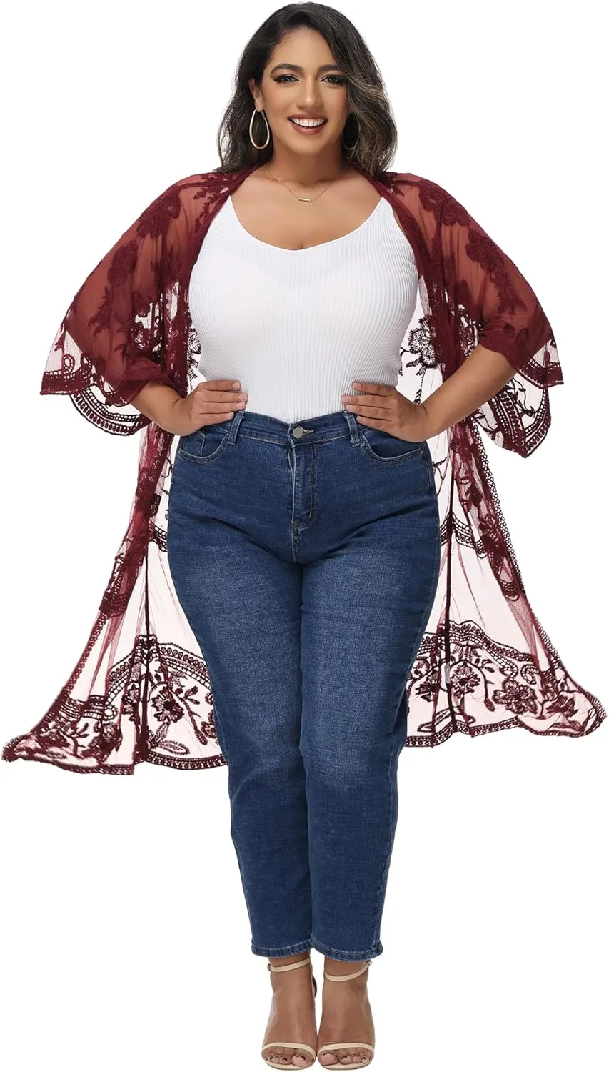 Anna-Kaci Women's Plus Size Lace Cardigan Embroidered Long Kimono Dusters with Half Sleeves