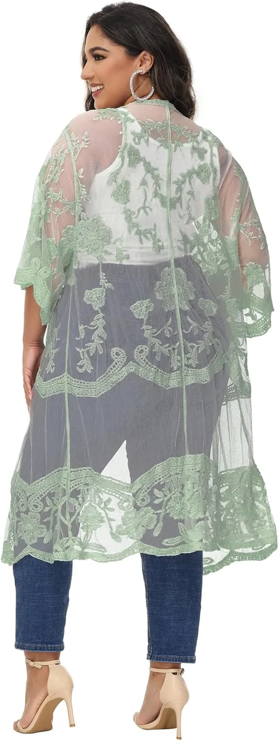 Anna-Kaci Women's Plus Size Lace Cardigan Embroidered Long Kimono Dusters with Half Sleeves