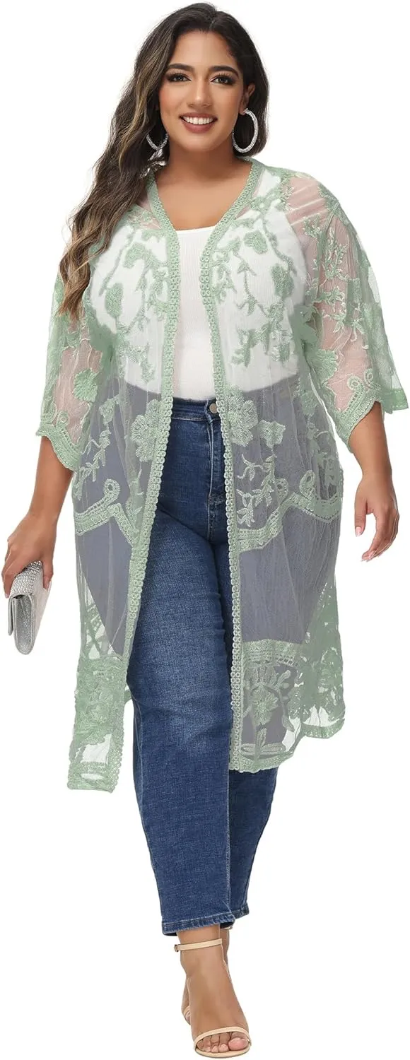 Anna-Kaci Women's Plus Size Lace Cardigan Embroidered Long Kimono Dusters with Half Sleeves