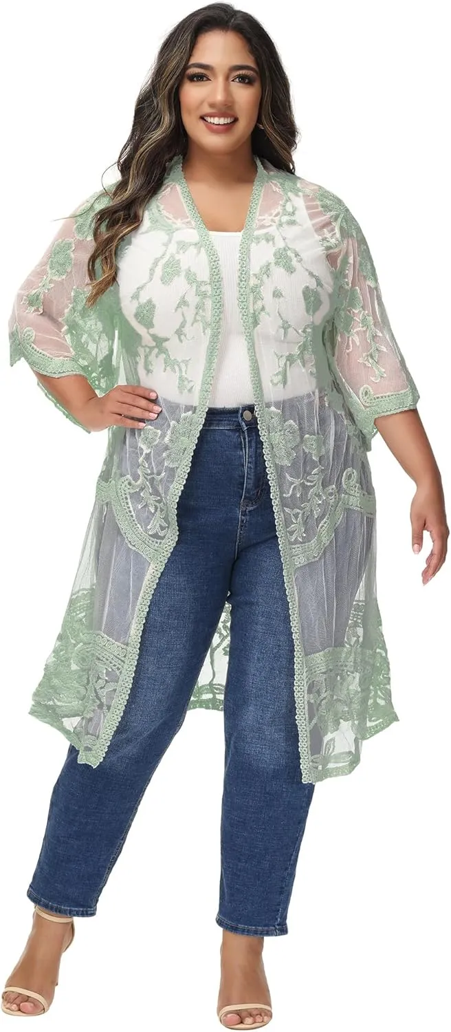 Anna-Kaci Women's Plus Size Lace Cardigan Embroidered Long Kimono Dusters with Half Sleeves