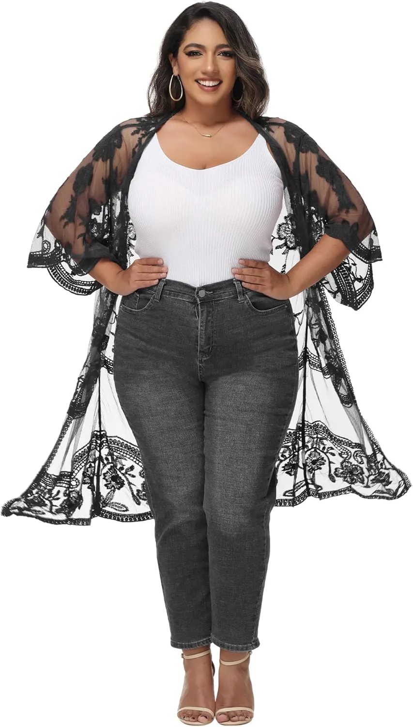 Anna-Kaci Women's Plus Size Lace Cardigan Embroidered Long Kimono Dusters with Half Sleeves