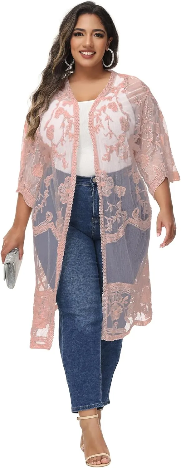 Anna-Kaci Women's Plus Size Lace Cardigan Embroidered Long Kimono Dusters with Half Sleeves