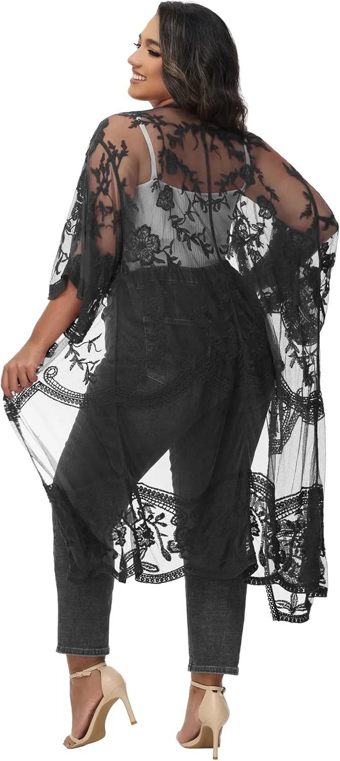 Anna-Kaci Women's Plus Size Lace Cardigan Embroidered Long Kimono Dusters with Half Sleeves