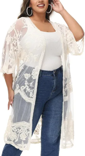 Anna-Kaci Women's Plus Size Lace Cardigan Embroidered Long Kimono Dusters with Half Sleeves