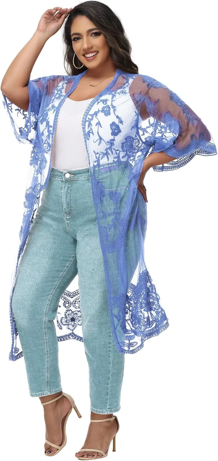 Anna-Kaci Women's Plus Size Lace Cardigan Embroidered Long Kimono Dusters with Half Sleeves
