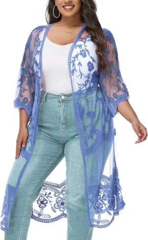 Anna-Kaci Women's Plus Size Lace Cardigan Embroidered Long Kimono Dusters with Half Sleeves