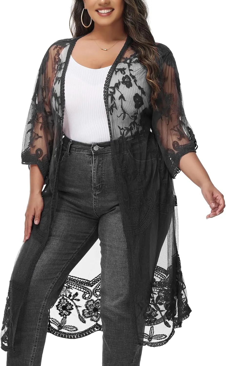Anna-Kaci Women's Plus Size Lace Cardigan Embroidered Long Kimono Dusters with Half Sleeves