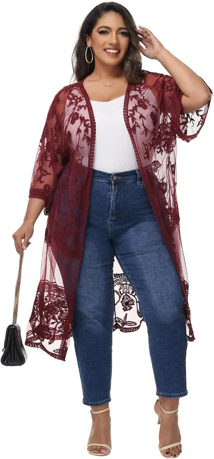 Anna-Kaci Women's Plus Size Lace Cardigan Embroidered Long Kimono Dusters with Half Sleeves