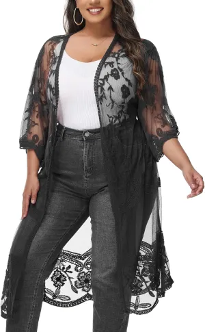 Anna-Kaci Women's Plus Size Lace Cardigan Embroidered Long Kimono Dusters with Half Sleeves