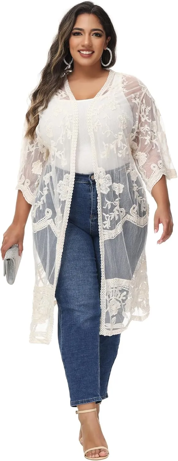 Anna-Kaci Women's Plus Size Lace Cardigan Embroidered Long Kimono Dusters with Half Sleeves