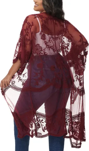 Anna-Kaci Women's Plus Size Lace Cardigan Embroidered Long Kimono Dusters with Half Sleeves