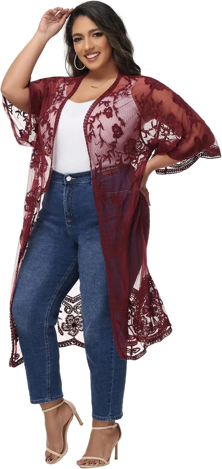 Anna-Kaci Women's Plus Size Lace Cardigan Embroidered Long Kimono Dusters with Half Sleeves
