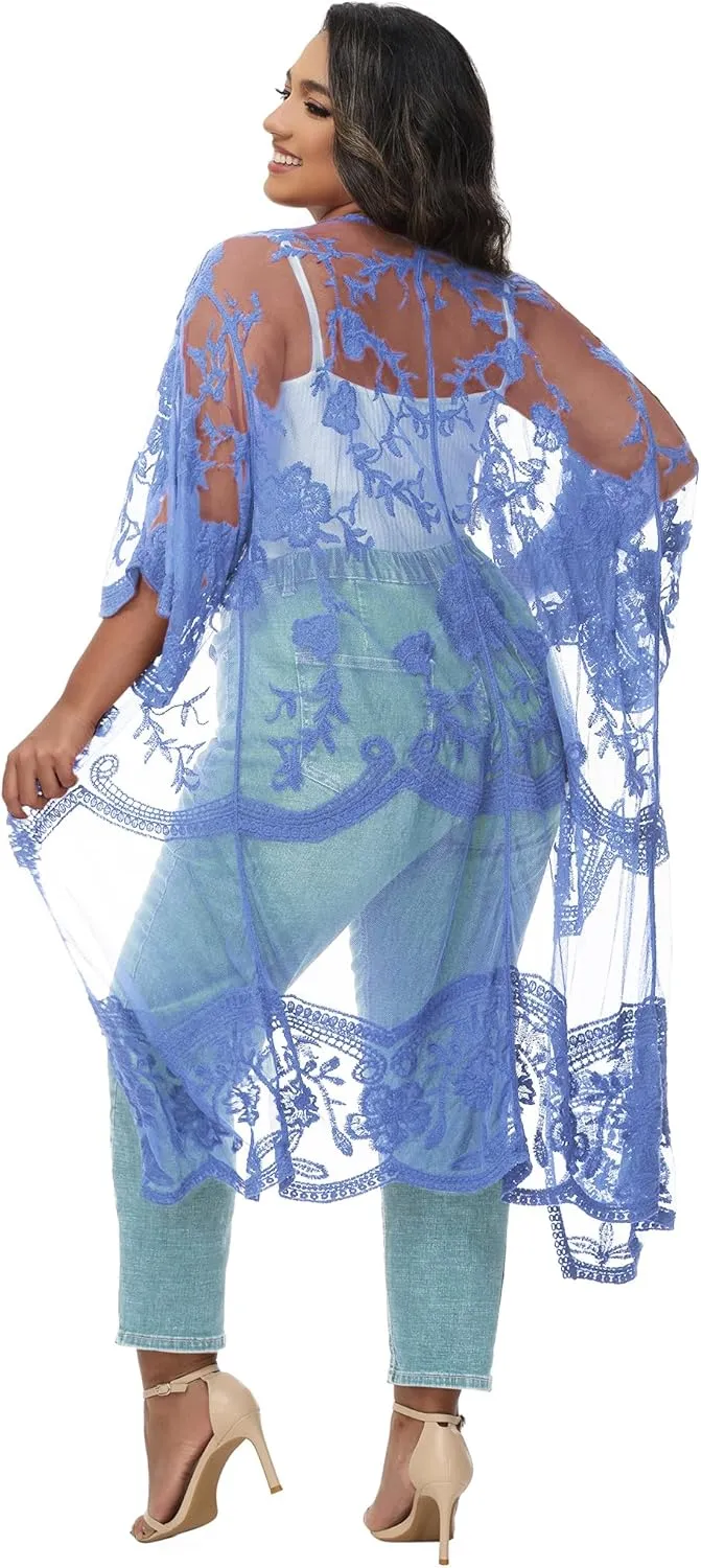 Anna-Kaci Women's Plus Size Lace Cardigan Embroidered Long Kimono Dusters with Half Sleeves