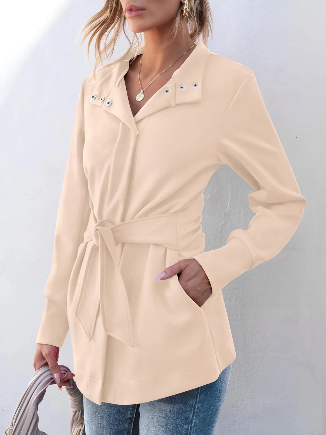 ANRABESS Womens Jacket Belted Casual Long Sleeve Wrap Trench Coat 2025 Spring Trendy Button Up Dressy Outerwear with Pockets