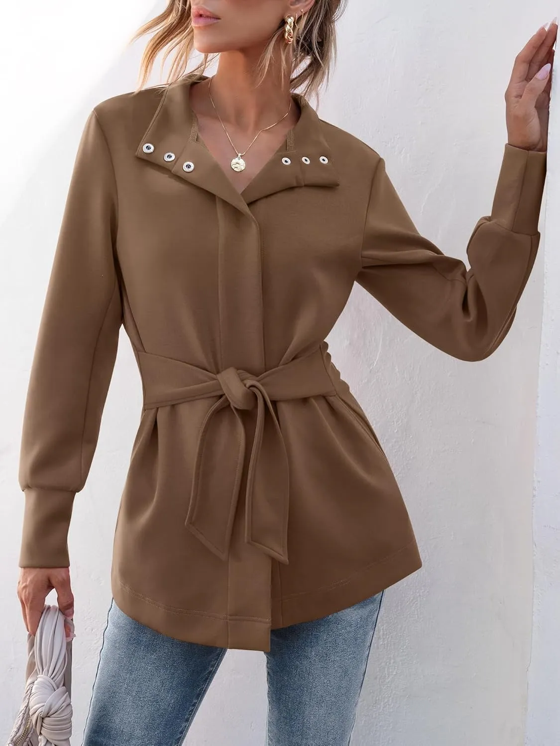 ANRABESS Womens Jacket Belted Casual Long Sleeve Wrap Trench Coat 2025 Spring Trendy Button Up Dressy Outerwear with Pockets