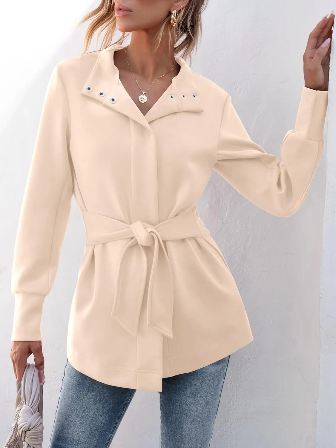 ANRABESS Womens Jacket Belted Casual Long Sleeve Wrap Trench Coat 2025 Spring Trendy Button Up Dressy Outerwear with Pockets