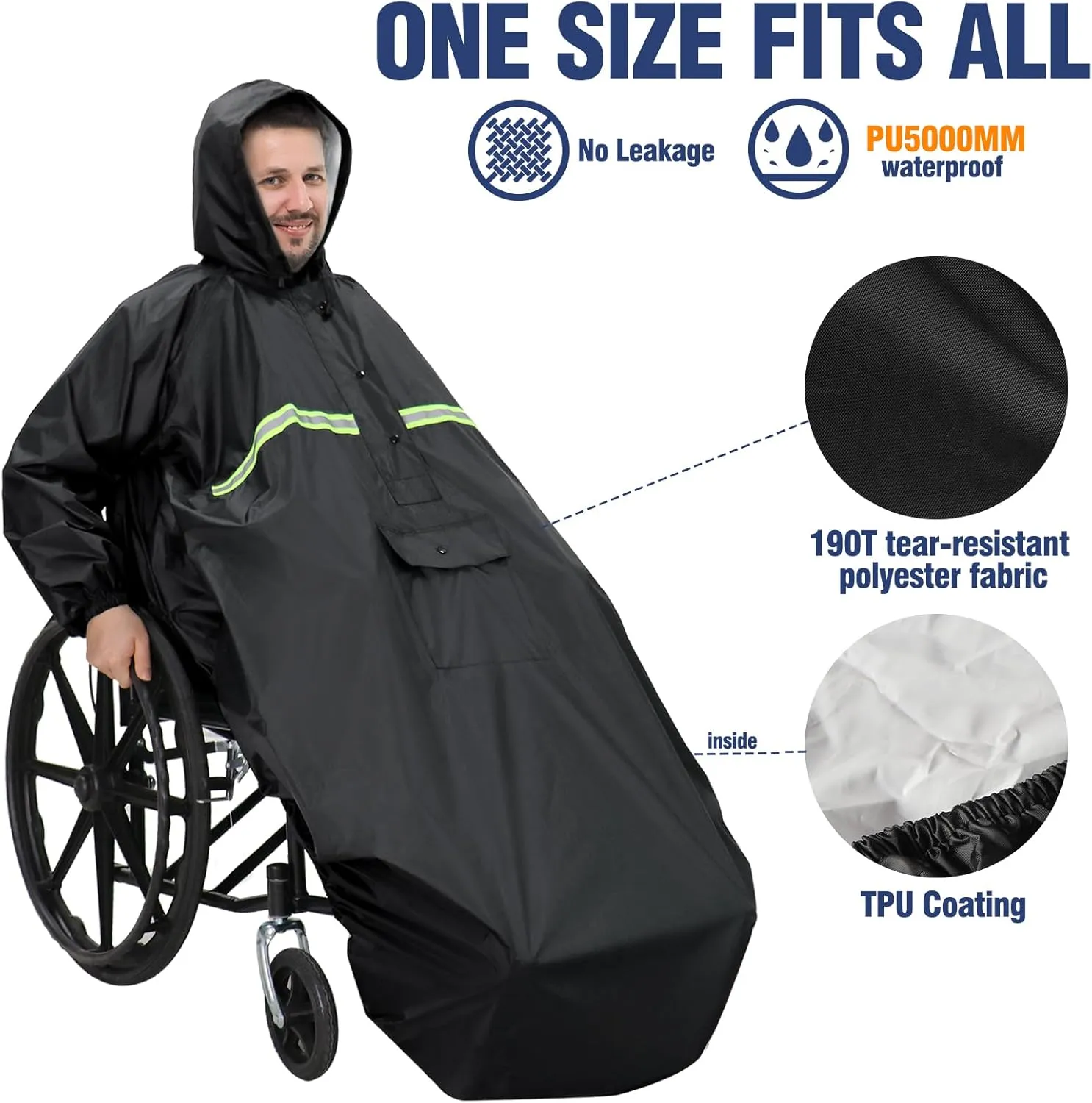 ANYOO Wheelchair Waterproof Poncho with Hood Reusable Cover Lightweight Poncho Cloak perfect for Adult
