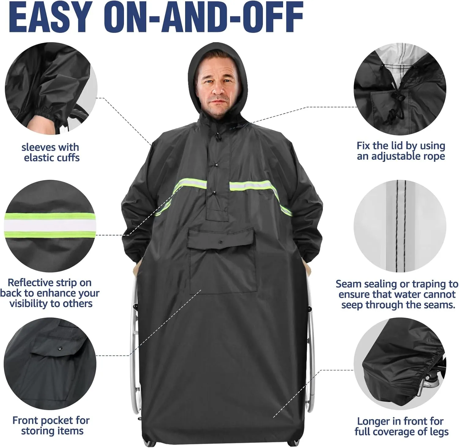 ANYOO Wheelchair Waterproof Poncho with Hood Reusable Cover Lightweight Poncho Cloak perfect for Adult