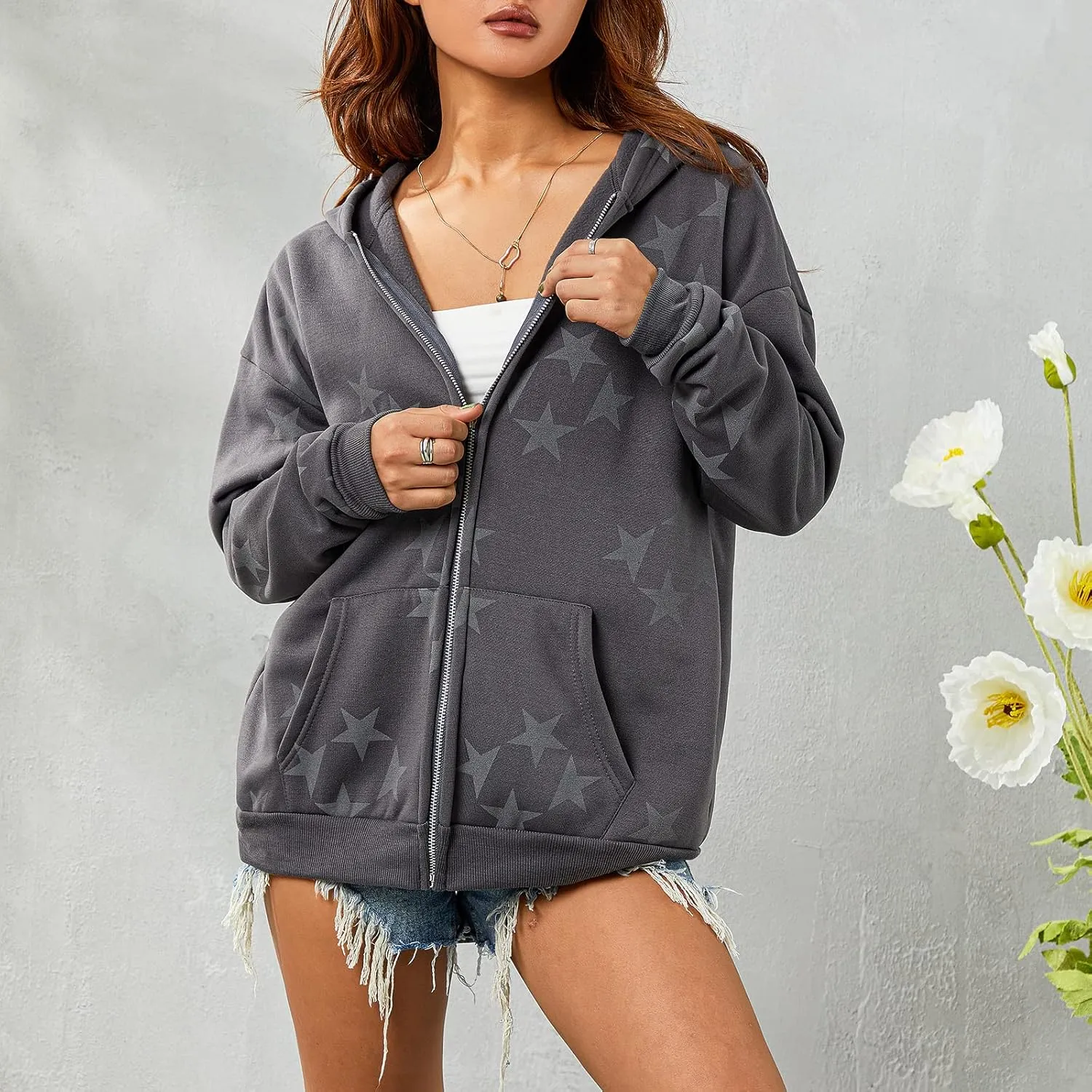 Aopwsrlyi Women Vintage Star Graphic Zip Up Hoodies Oversized Long Sleeve Gothic Punk Sweatshirt Casual Jackets Streetwear