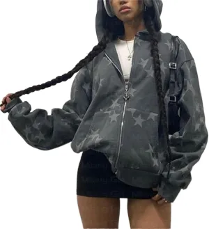 Aopwsrlyi Women Vintage Star Graphic Zip Up Hoodies Oversized Long Sleeve Gothic Punk Sweatshirt Casual Jackets Streetwear