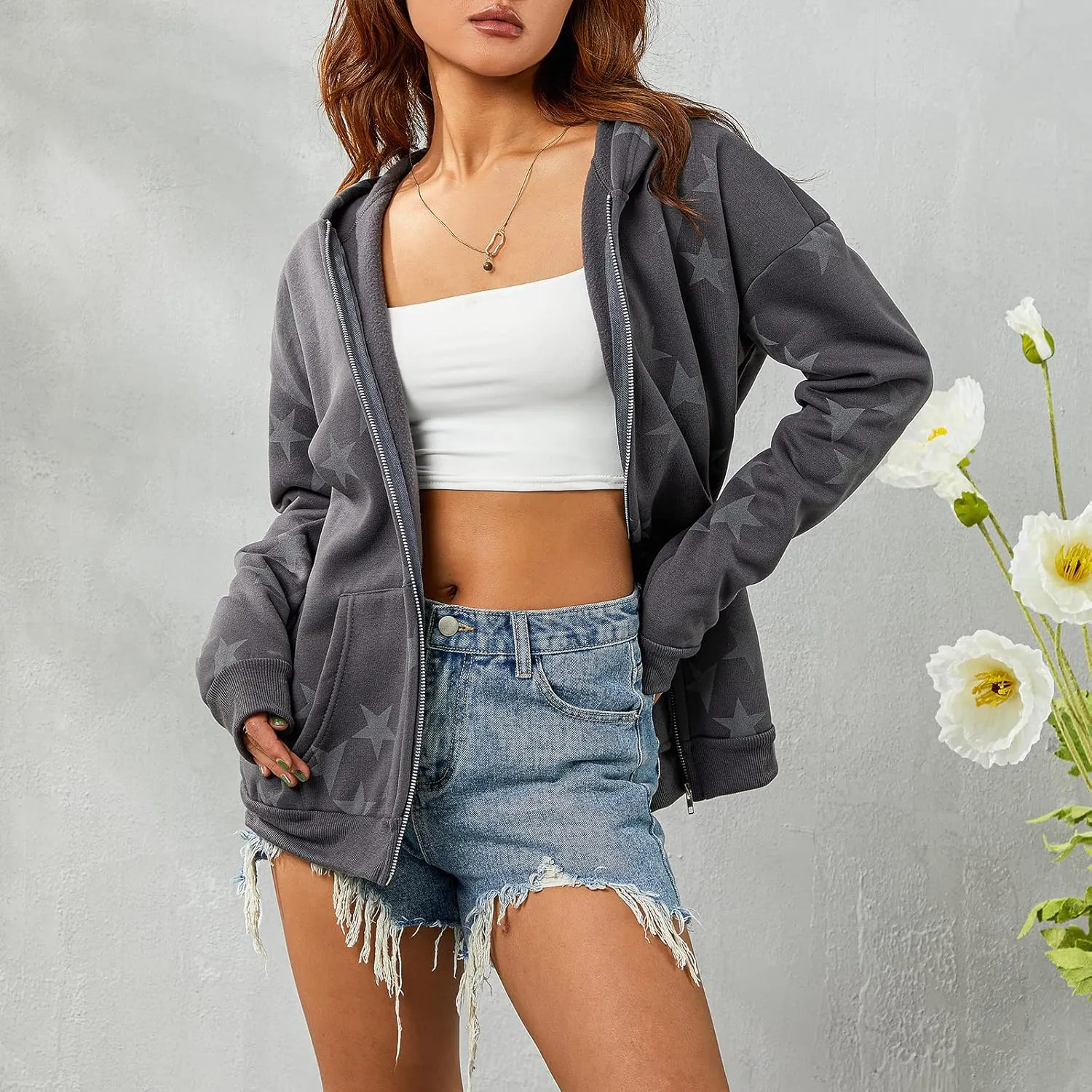 Aopwsrlyi Women Vintage Star Graphic Zip Up Hoodies Oversized Long Sleeve Gothic Punk Sweatshirt Casual Jackets Streetwear