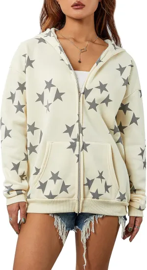 Aopwsrlyi Women Vintage Star Graphic Zip Up Hoodies Oversized Long Sleeve Gothic Punk Sweatshirt Casual Jackets Streetwear