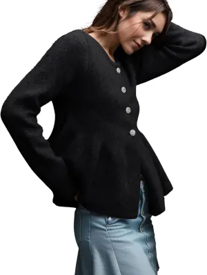 Arssm Womens Button Down Peplum Sweater Cardigan Long Sleeve Crewneck Lightweight Ribbed Knit Top