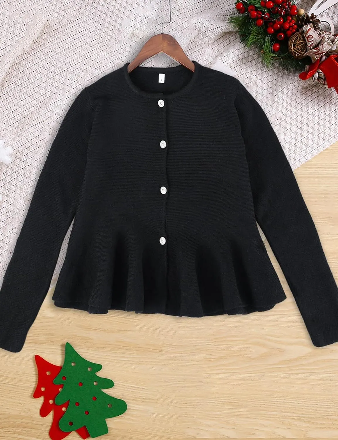 Arssm Womens Button Down Peplum Sweater Cardigan Long Sleeve Crewneck Lightweight Ribbed Knit Top