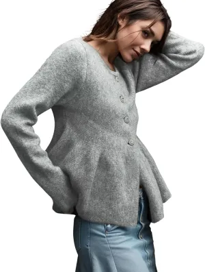Arssm Womens Button Down Peplum Sweater Cardigan Long Sleeve Crewneck Lightweight Ribbed Knit Top