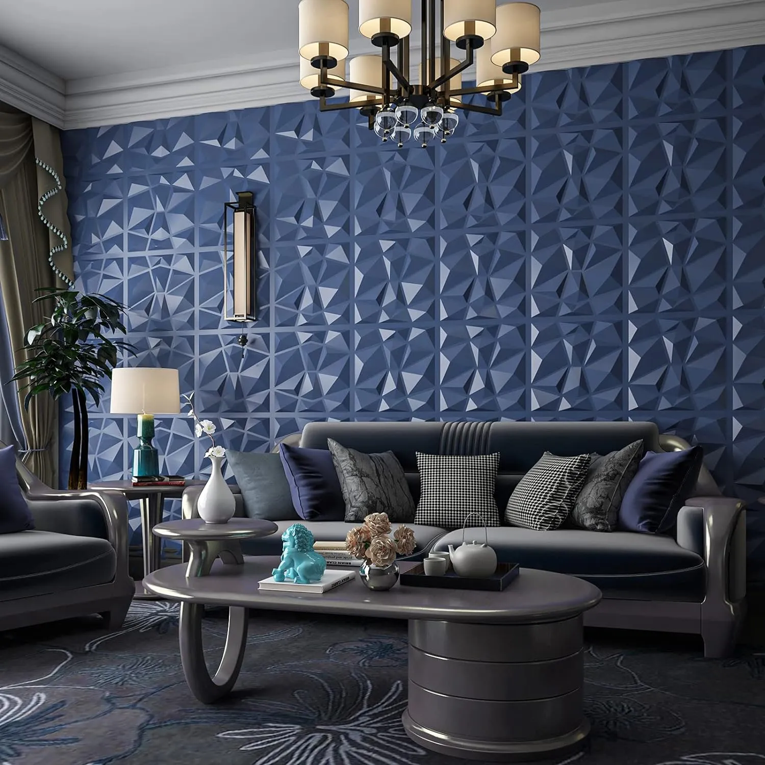 Art3d 3D Wall Panels Blue Diamond Design 12Pack Matt Blue