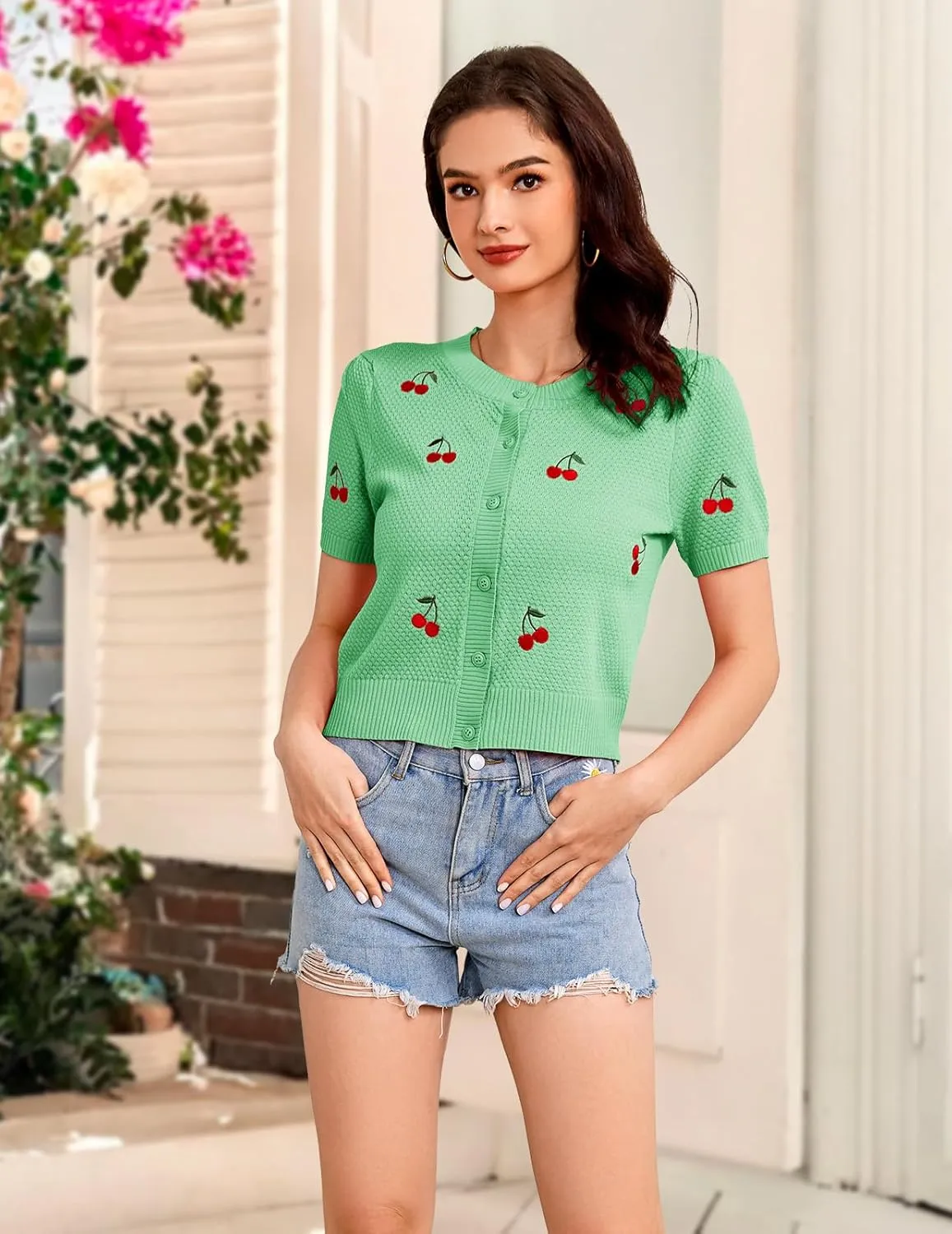 Bbonlinedress Women's Summer Cardigan Sweater Cropped Short Sleeve Button Down Knit Bolero Shrugs