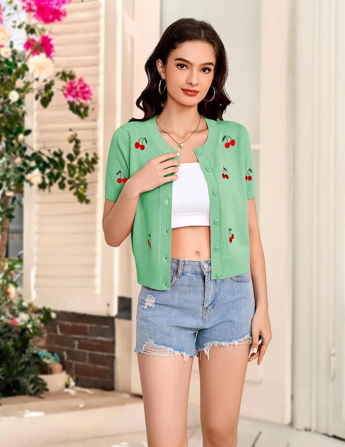 Bbonlinedress Women's Summer Cardigan Sweater Cropped Short Sleeve Button Down Knit Bolero Shrugs