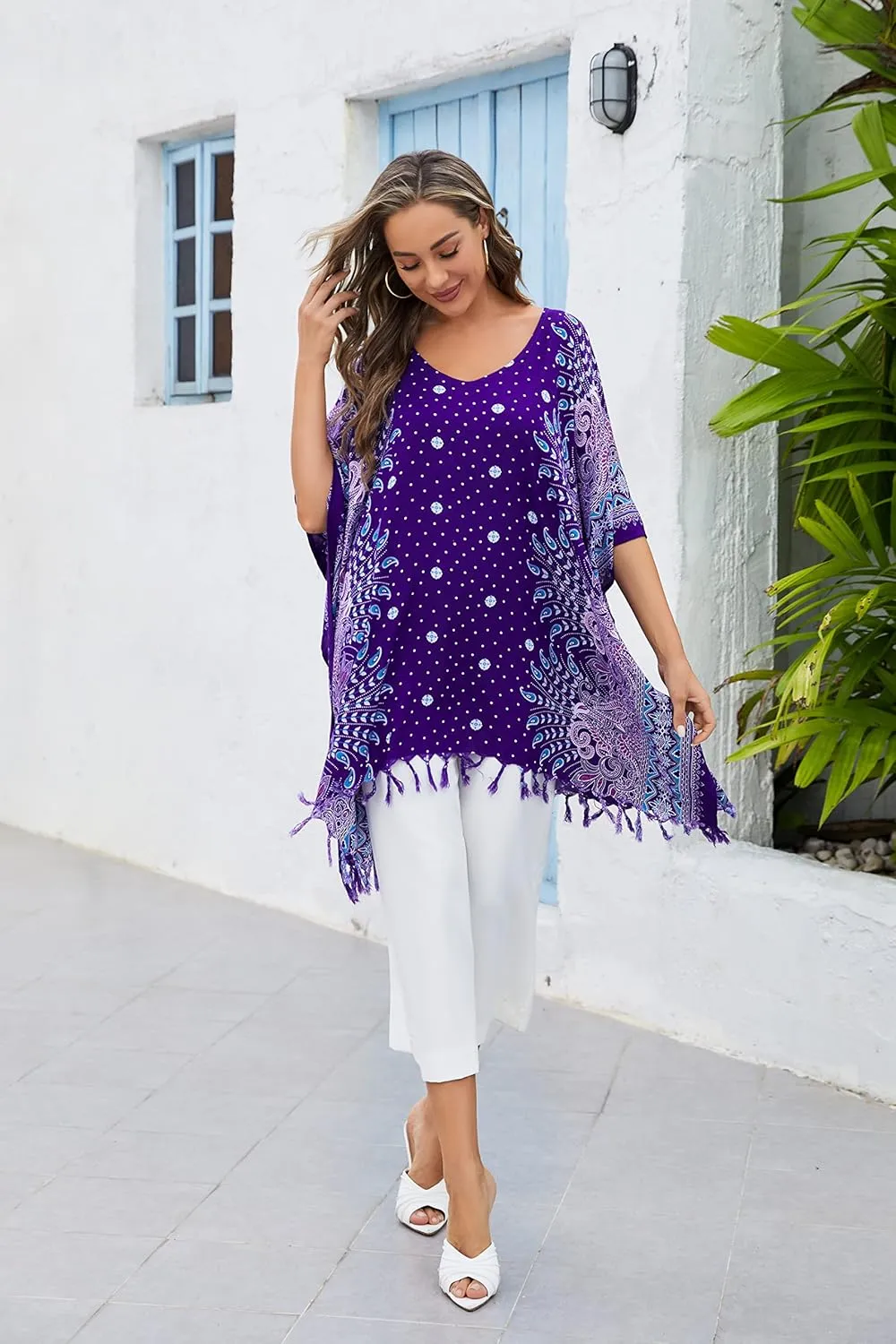 Beautybatik Women Plus Size Tunic Tops Boho Flora Printed Short Sleeve V Neck Shirt XL to 4X