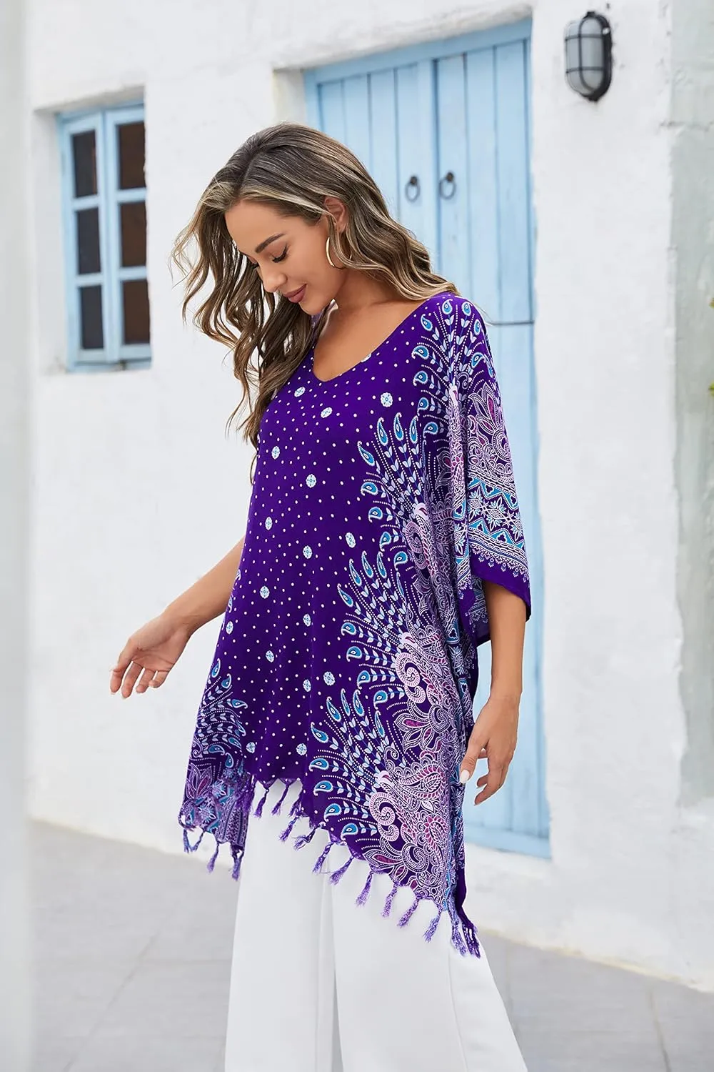 Beautybatik Women Plus Size Tunic Tops Boho Flora Printed Short Sleeve V Neck Shirt XL to 4X