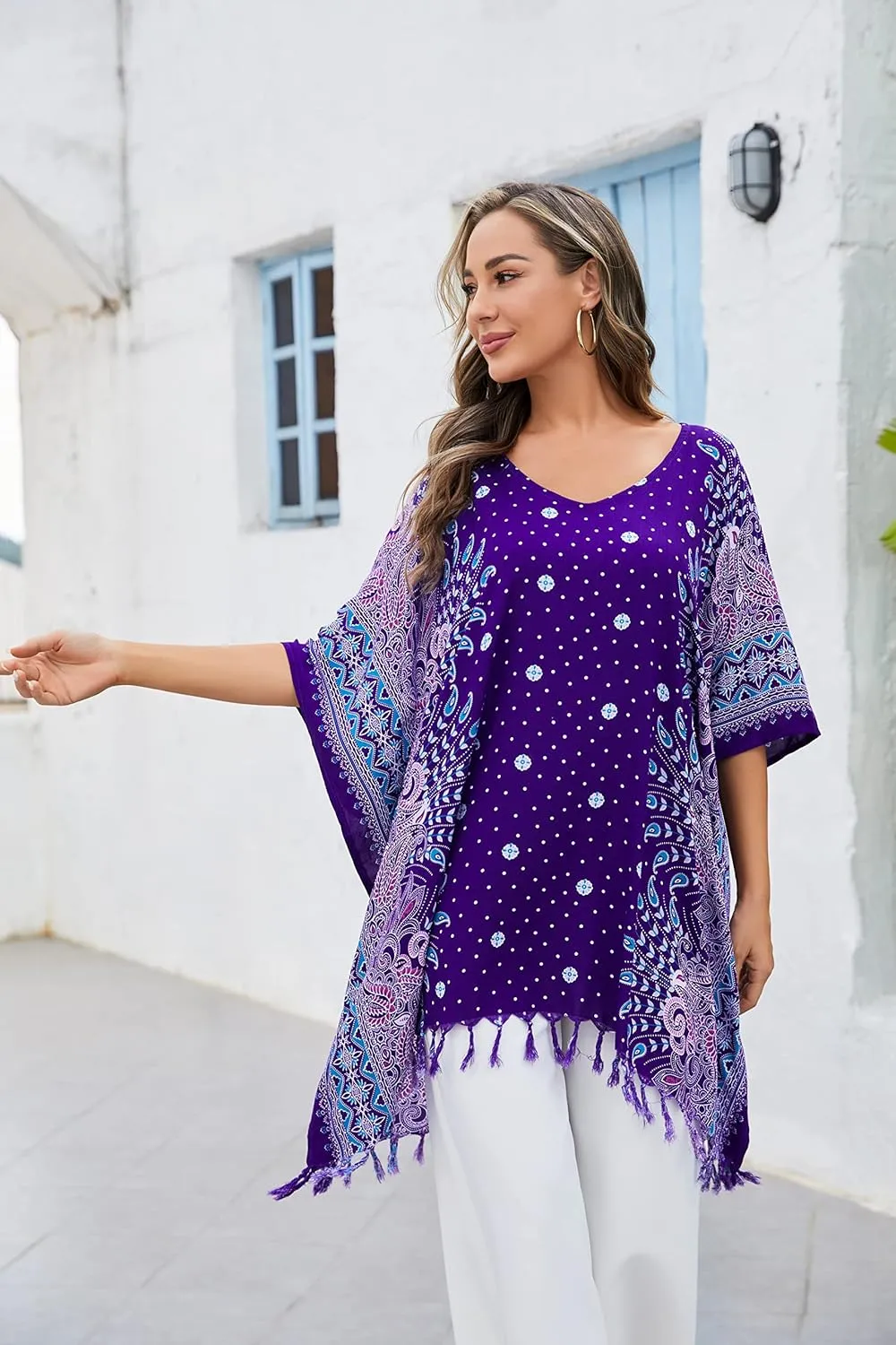 Beautybatik Women Plus Size Tunic Tops Boho Flora Printed Short Sleeve V Neck Shirt XL to 4X