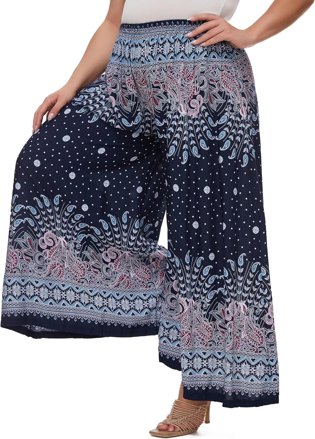 Beautybatik Women Wide Leg Palazzo Pants Plus Size Hippie Bohemian Flora Printed 1X 2X 3X