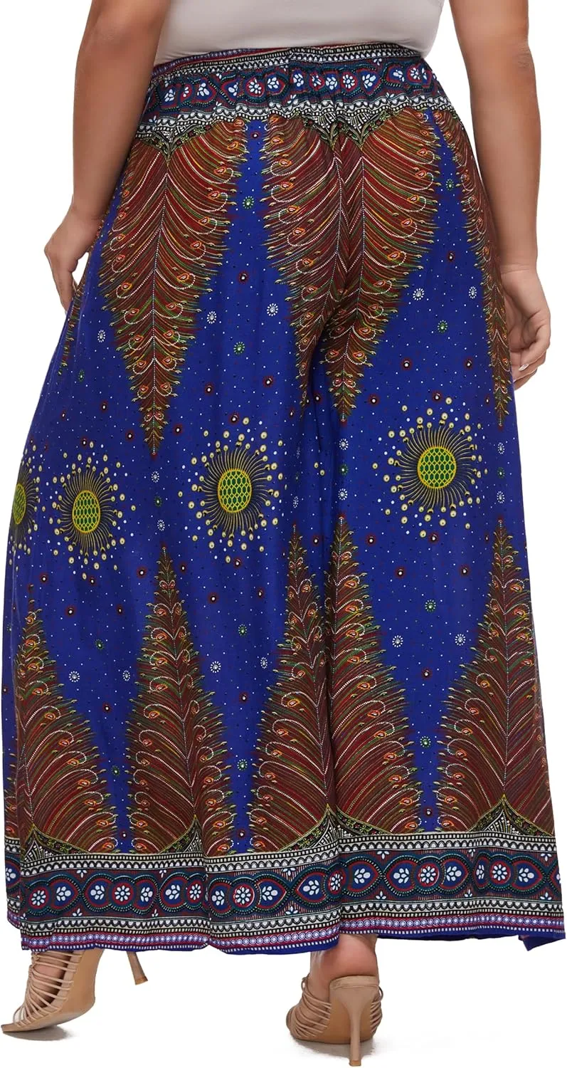 Beautybatik Women Wide Leg Palazzo Pants Plus Size Hippie Bohemian Flora Printed 1X 2X 3X