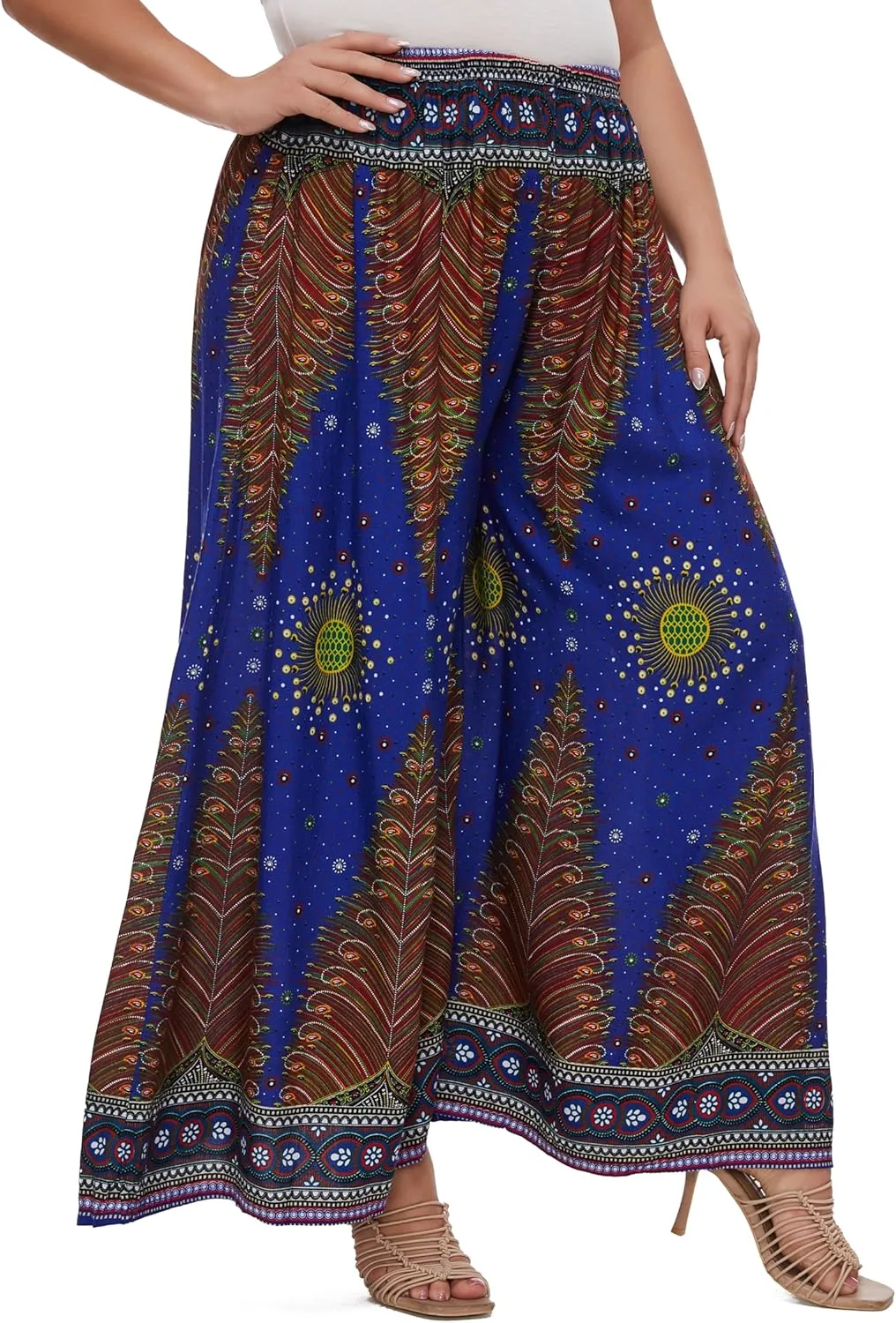 Beautybatik Women Wide Leg Palazzo Pants Plus Size Hippie Bohemian Flora Printed 1X 2X 3X