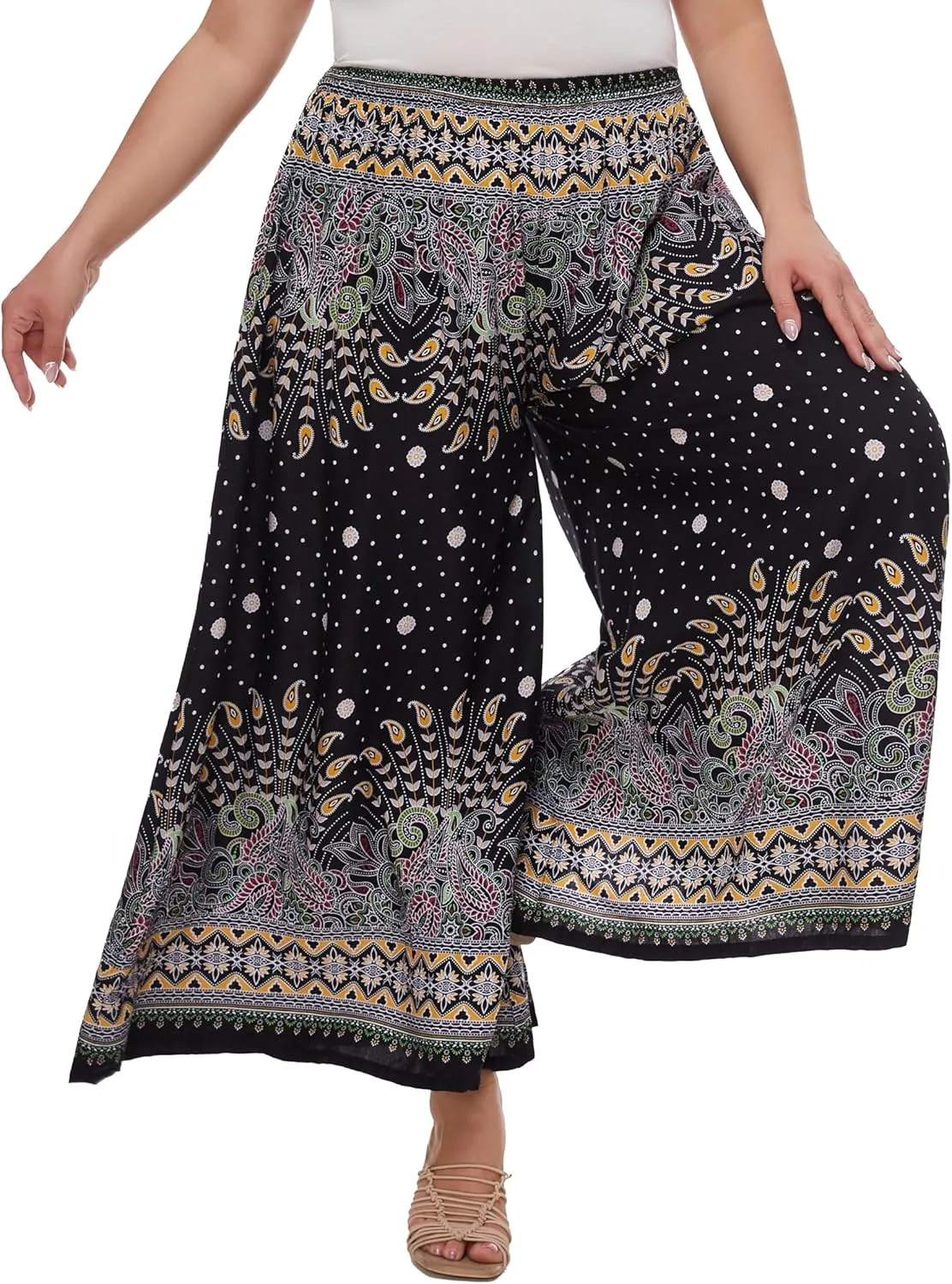 Beautybatik Women Wide Leg Palazzo Pants Plus Size Hippie Bohemian Flora Printed 1X 2X 3X