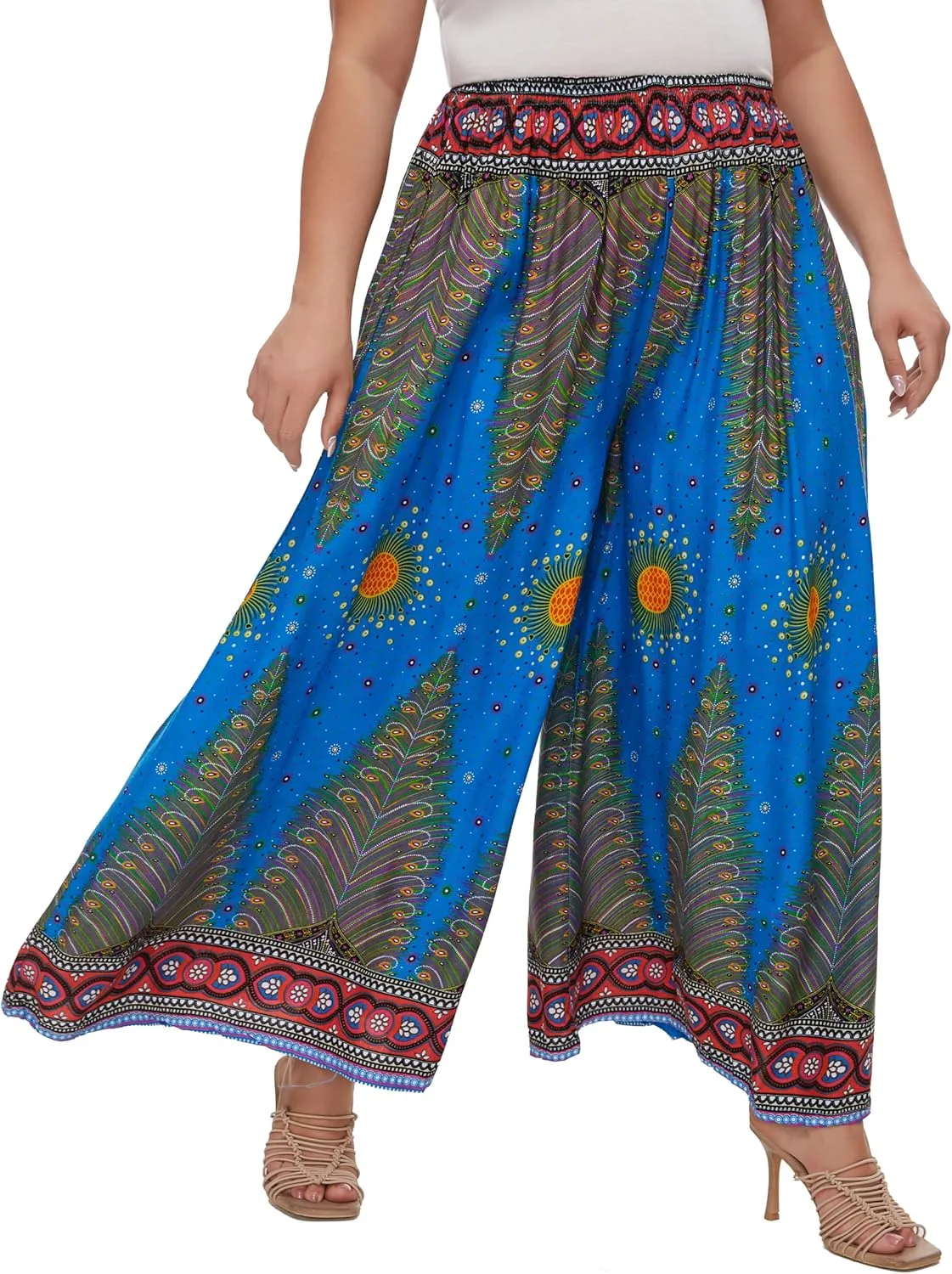 Beautybatik Women Wide Leg Palazzo Pants Plus Size Hippie Bohemian Flora Printed 1X 2X 3X