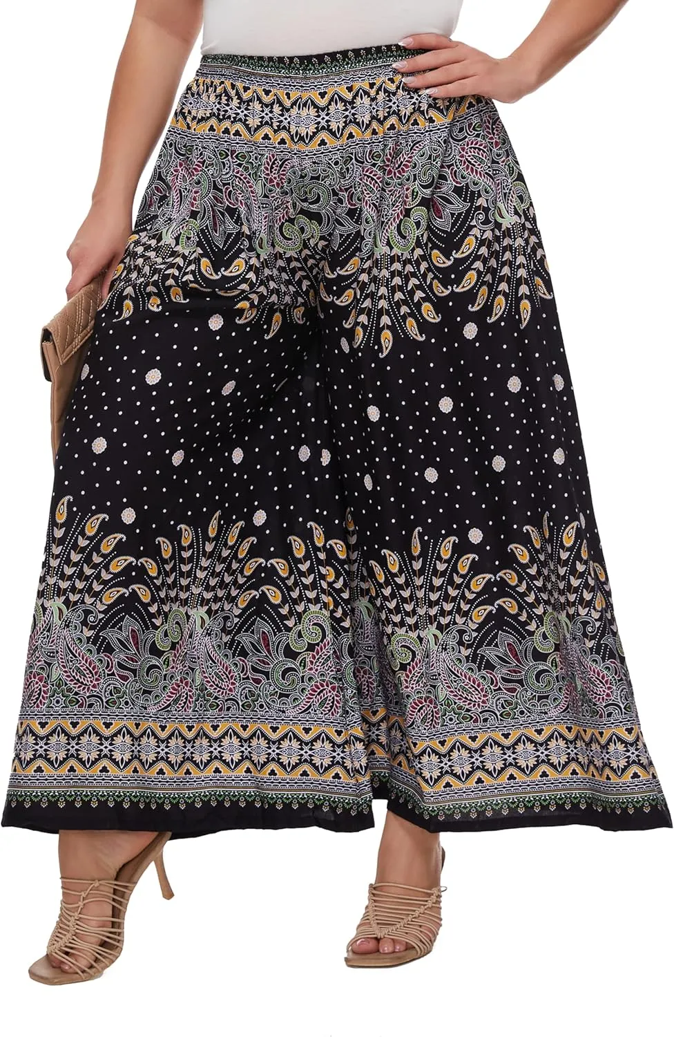 Beautybatik Women Wide Leg Palazzo Pants Plus Size Hippie Bohemian Flora Printed 1X 2X 3X