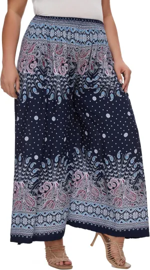 Beautybatik Women Wide Leg Palazzo Pants Plus Size Hippie Bohemian Flora Printed 1X 2X 3X