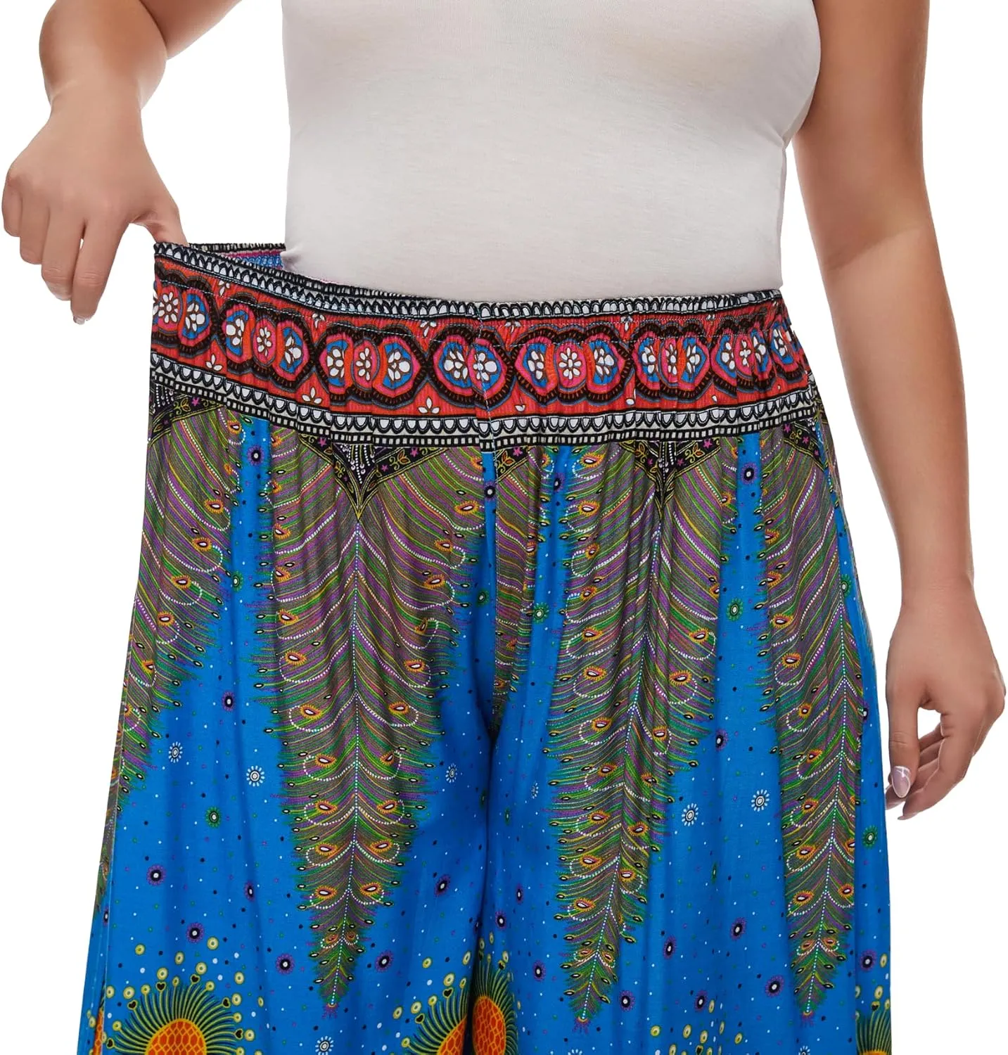 Beautybatik Women Wide Leg Palazzo Pants Plus Size Hippie Bohemian Flora Printed 1X 2X 3X